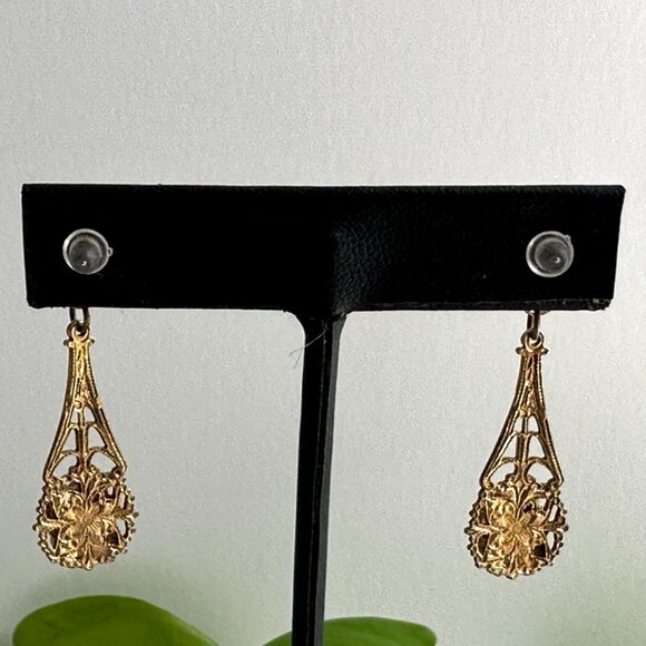 Vintage Gold Tone Filigree Dangle Earrings With Faux Seed Pearls For Pierced Ear - Picture 9 of 10
